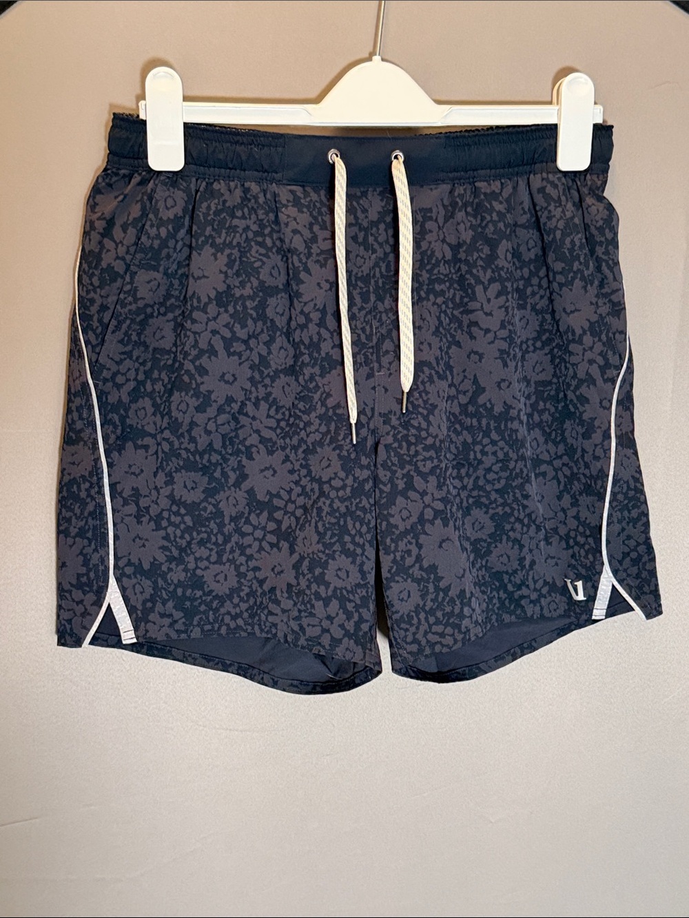 Vuori Dark Navy Floral Athletic Shorts with White Trim